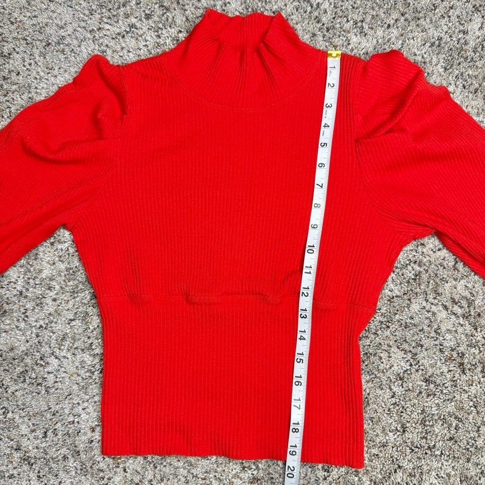 Free People Lala Cropped Puff Sleeve Mock Neck Ribbed Top Red Large L OB861565 - Picture 9 of 9